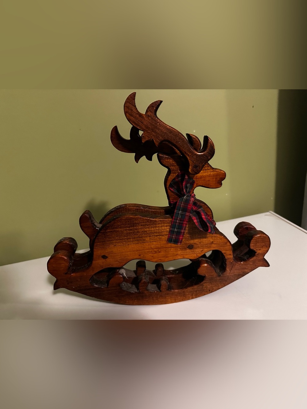 Handcrafted Wooden Reindeer Holiday Décor with Plaid Bow - Brown